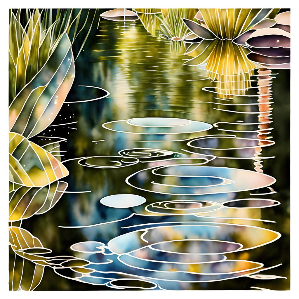 Colorful painting of water lilies on reflective pond with abstract patterns and lush foliage