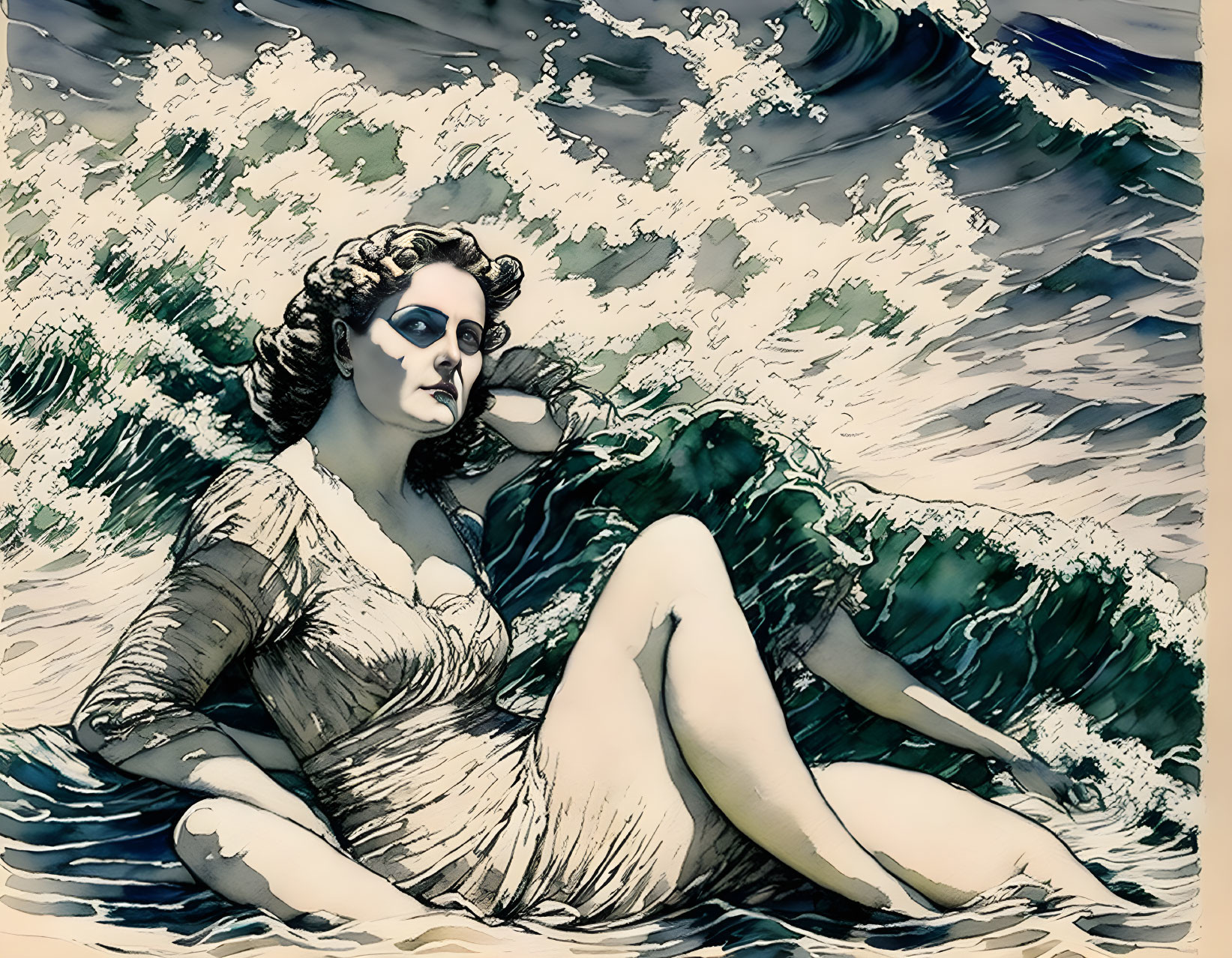 Stylized illustration of woman reclining by seashore with dynamic brushstroke waves.