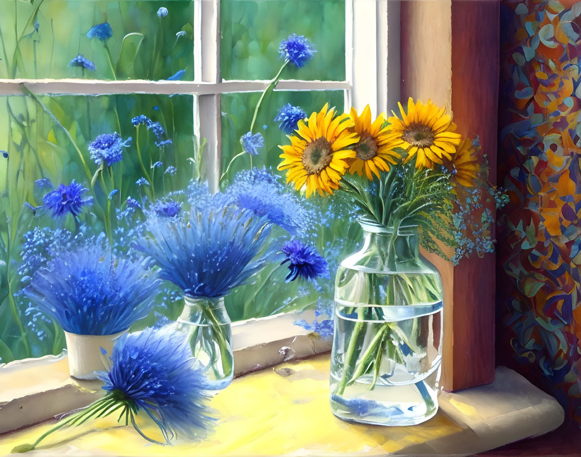 Colorful floral still life painting with sunflowers, blue flowers, and garden view.