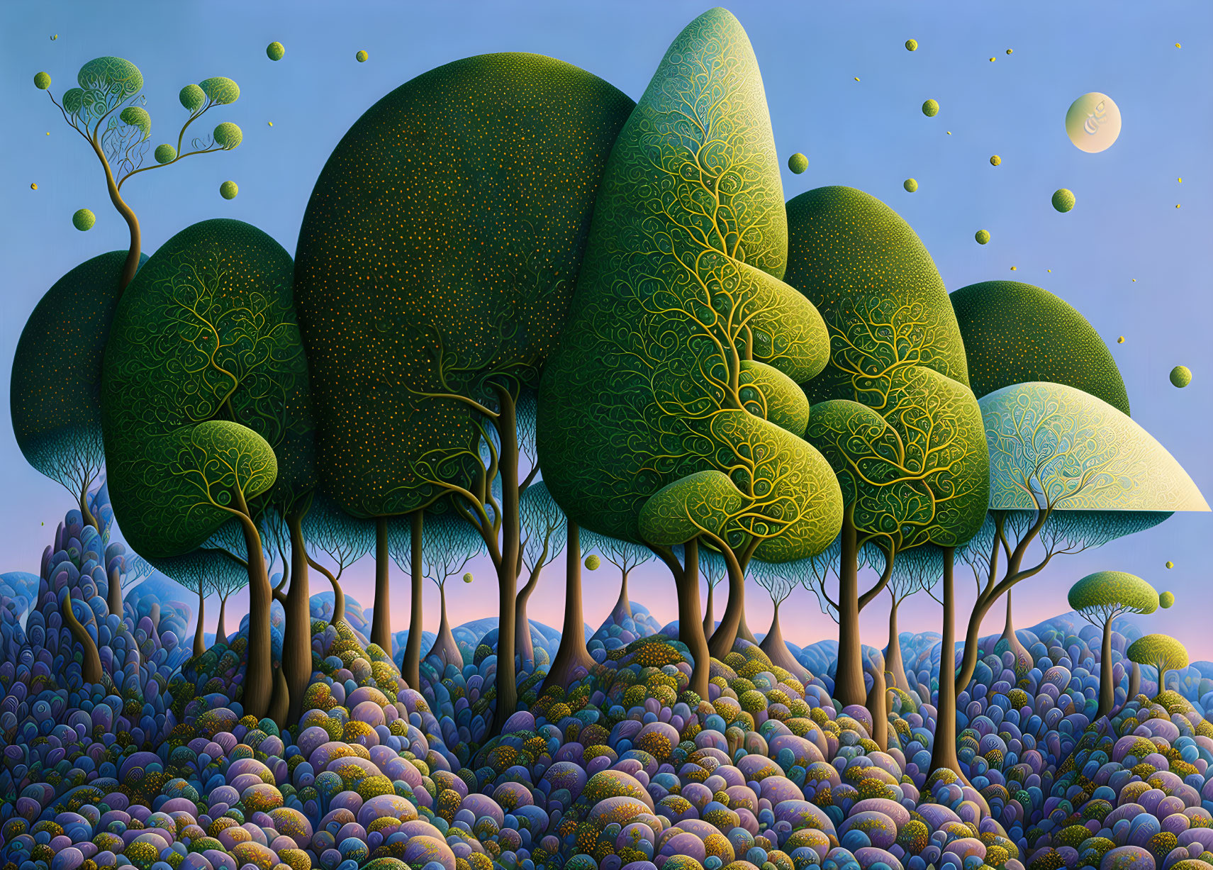 Surreal landscape with stylized trees and floating orbs under a twilight sky