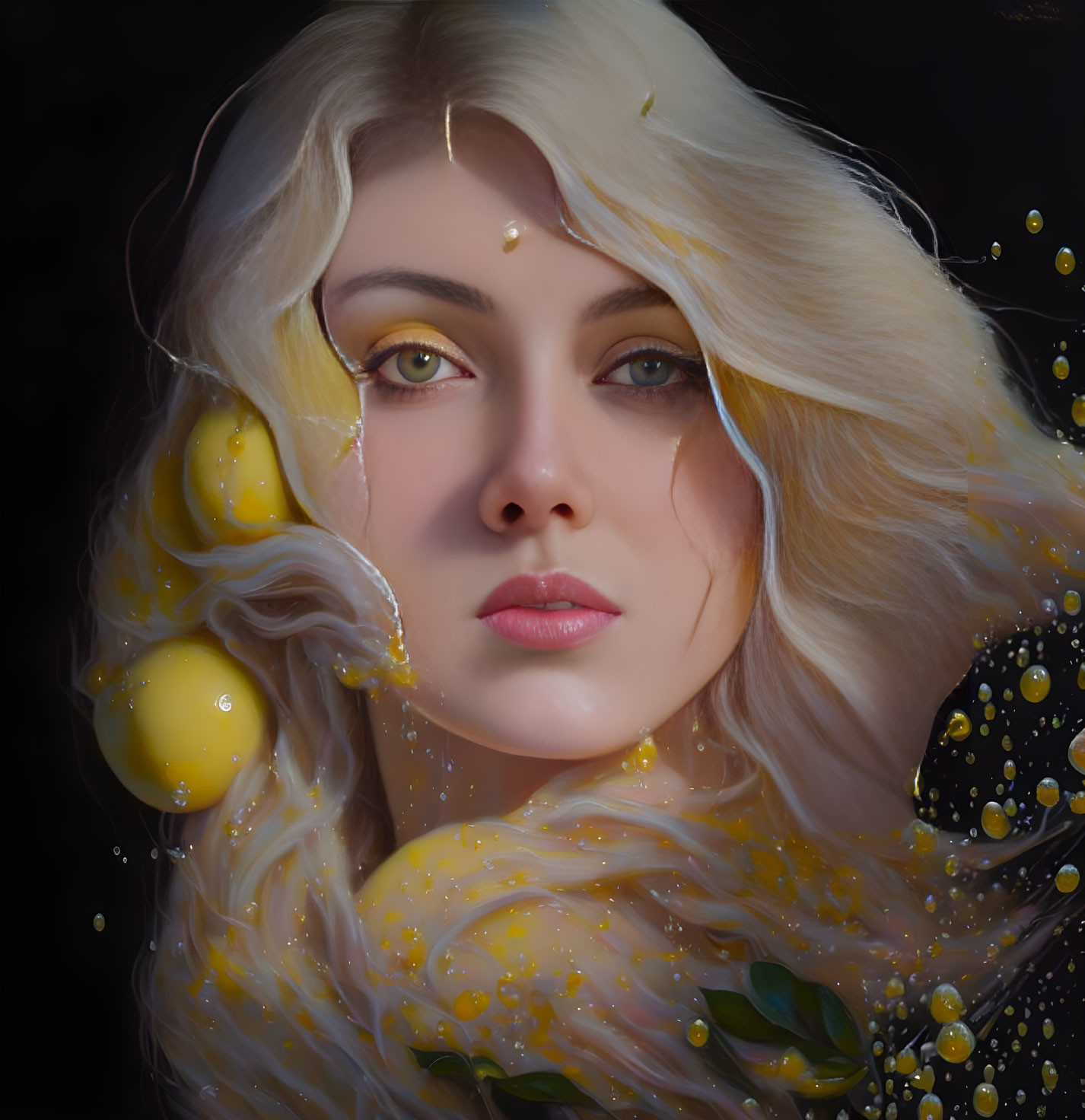 Blonde Woman Portrait with Gold Splashes and Lemons