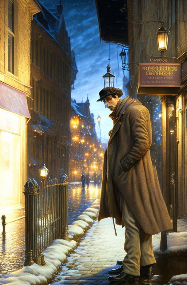 Man in Fedora and Trench Coat Walking on Snow-Covered Night Street