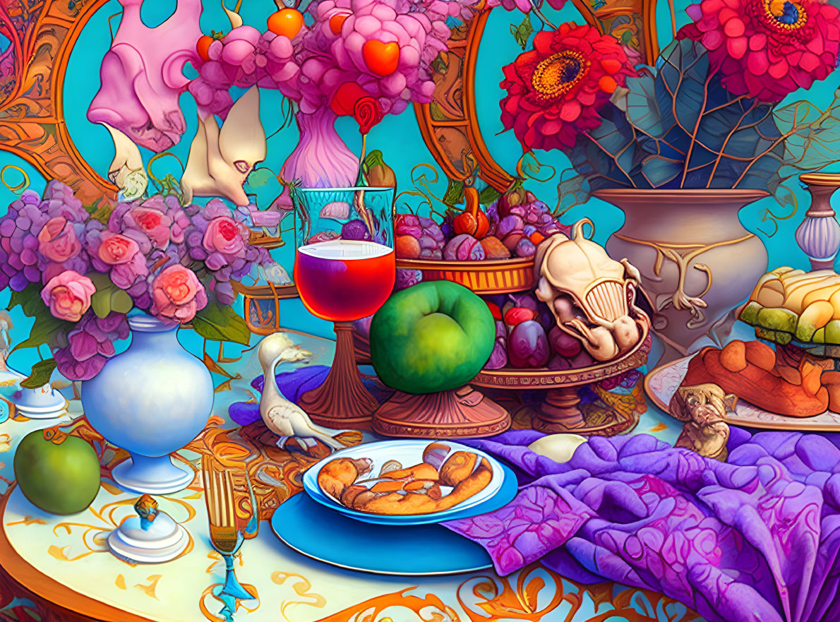 Colorful illustration of luxurious feast with fruits, flowers, wine on draped table