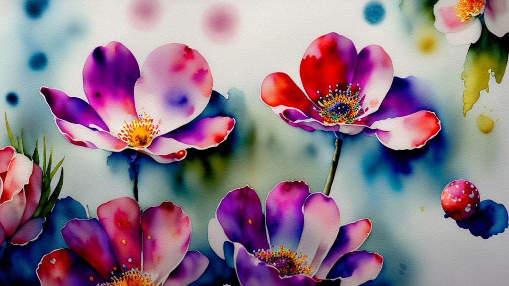 Colorful Watercolor Painting of Purple and Red Flowers on Abstract Background