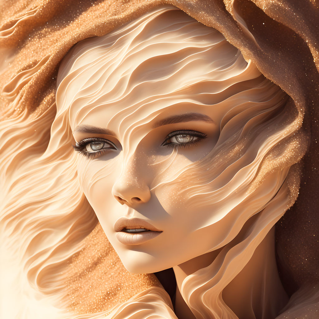 Digital artwork: Woman with wavy hair blending into sandy background