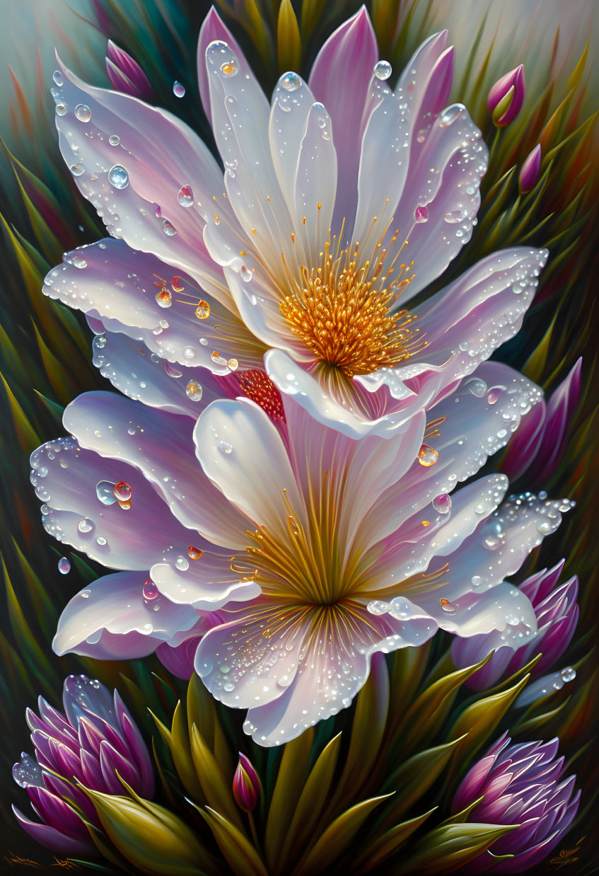 Detailed painting of blooming purple and white flower with water droplets, surrounded by green foliage.