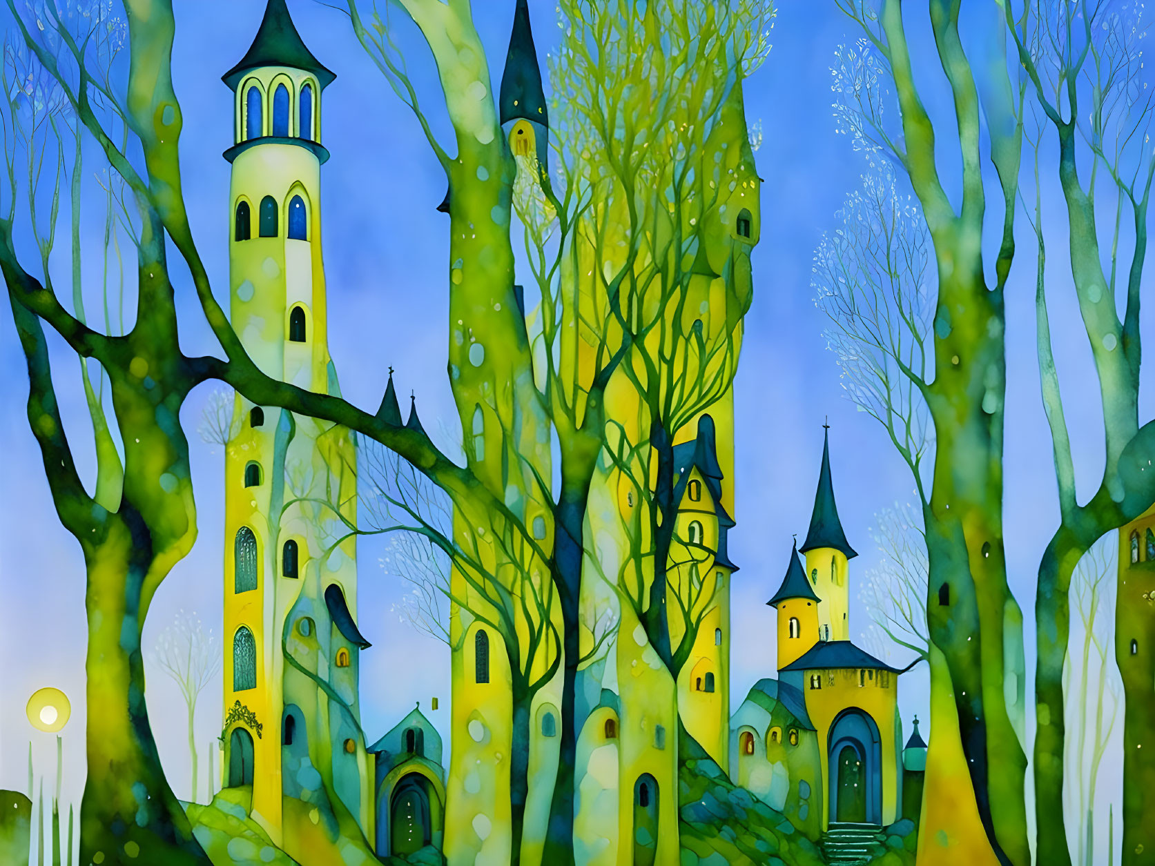 Whimsical forest illustration with vivid trees and glowing towers