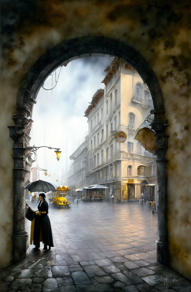 Vintage street scene with couple in period attire and yellow taxis under glowing streetlights on misty day