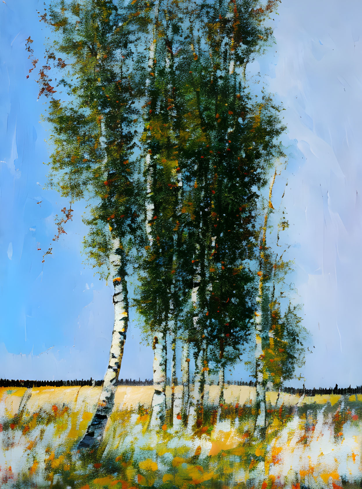 Colorful painting of slender birch trees in early autumn landscape