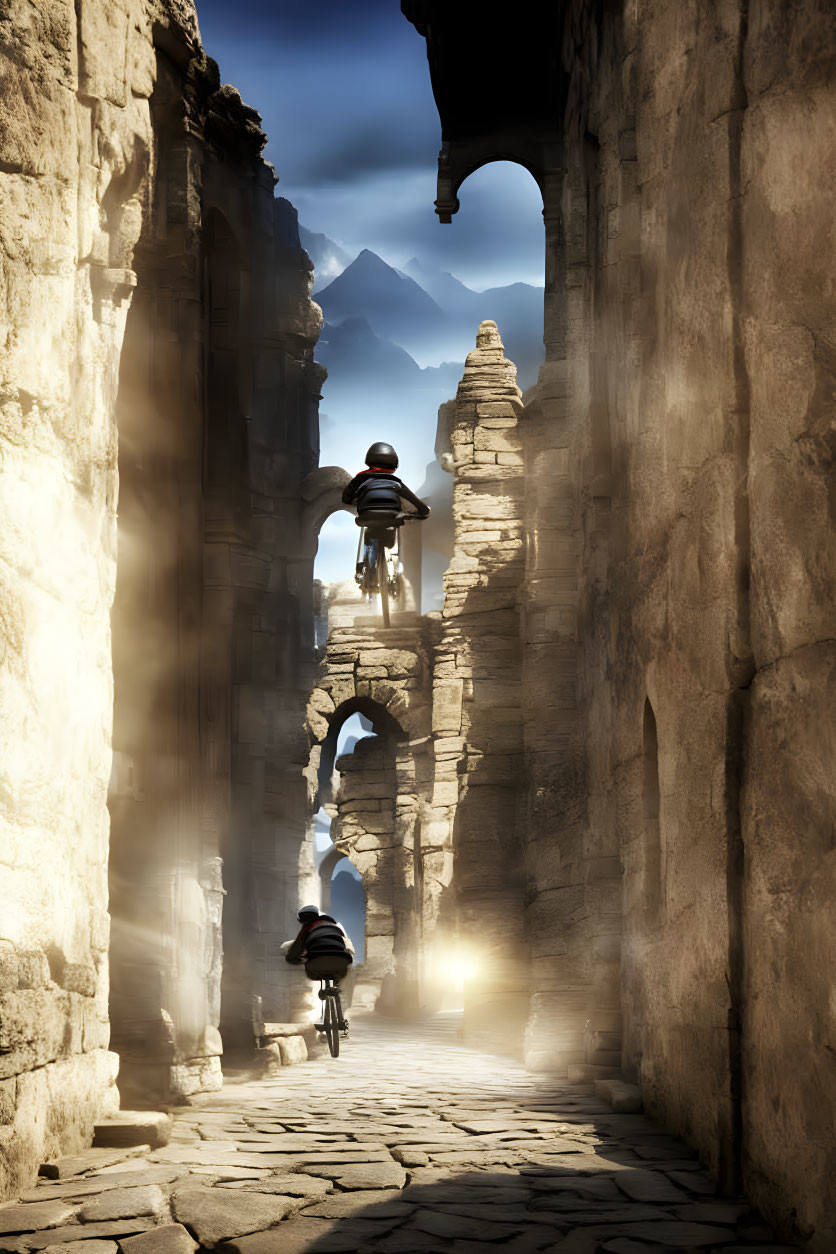 Cyclists passing through ancient stone archway with mountains in background