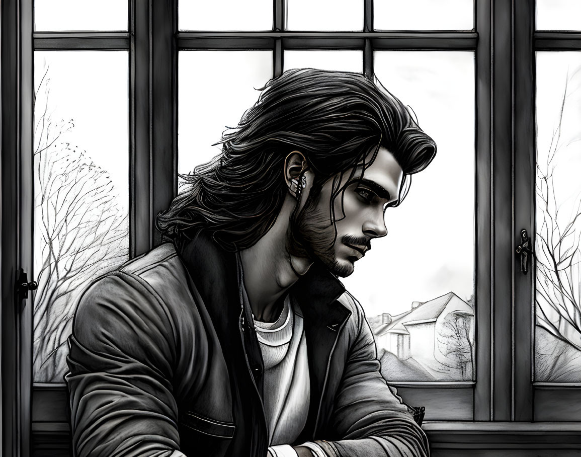 Grayscale illustration of pensive man with long hair and beard gazing out window.