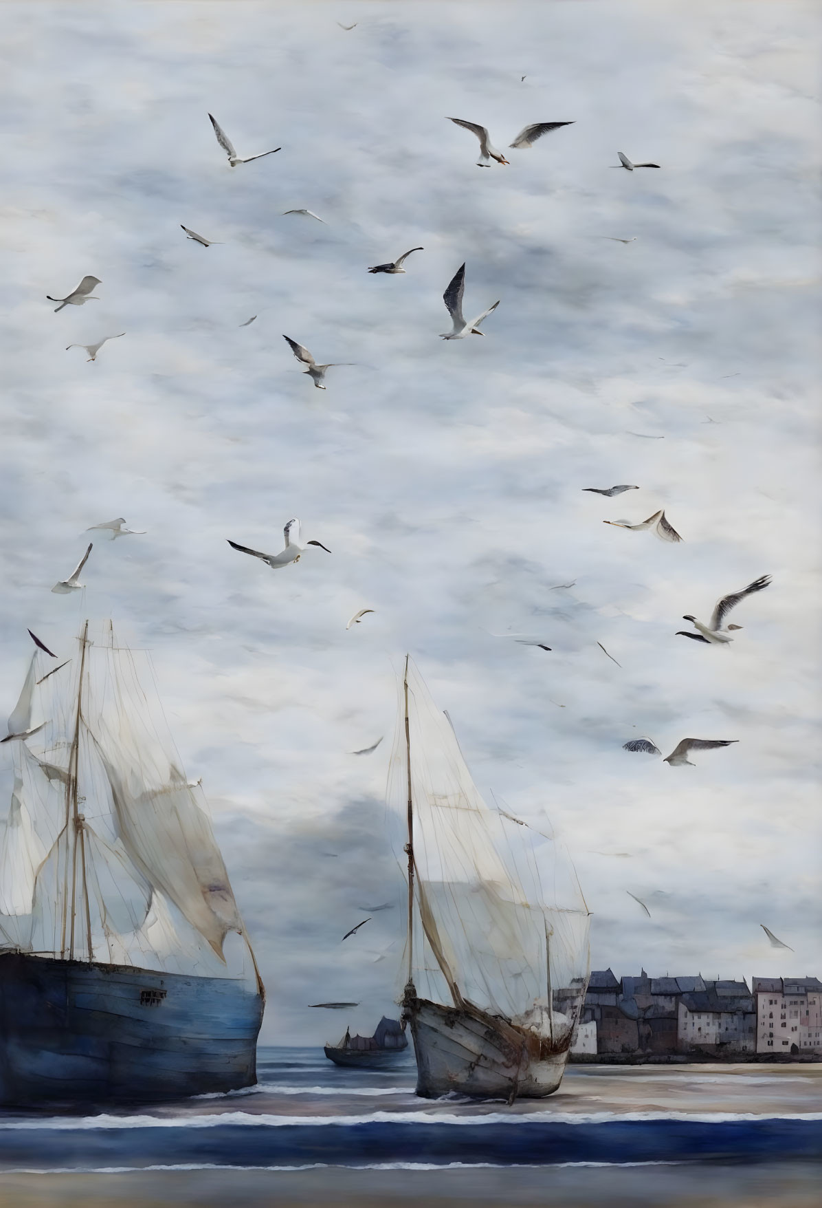 Sailing ships near shore with seagulls under cloudy sky