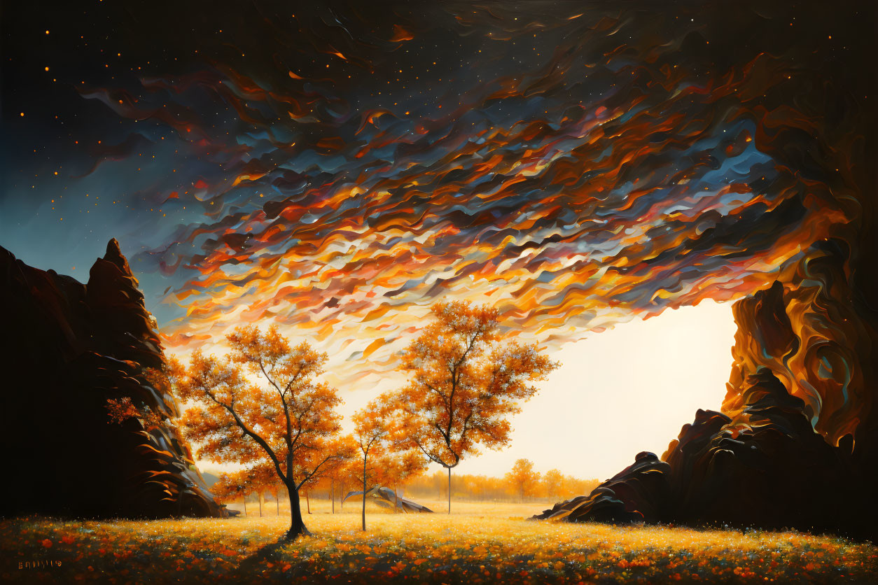 Surreal autumn landscape with golden trees, dramatic sky, and rocky outcrops