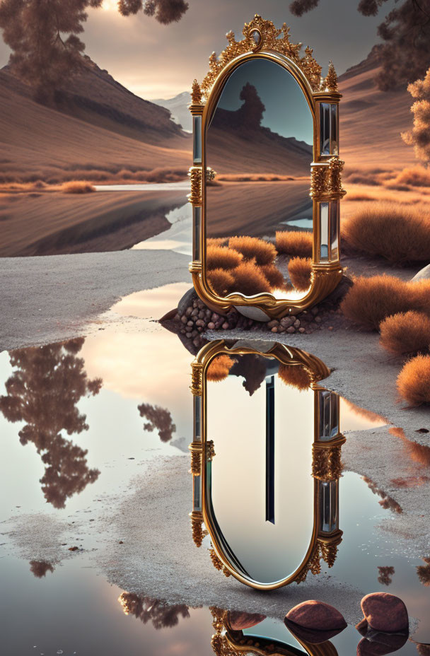 Golden Frame Mirror Reflecting Surreal Desert Landscape