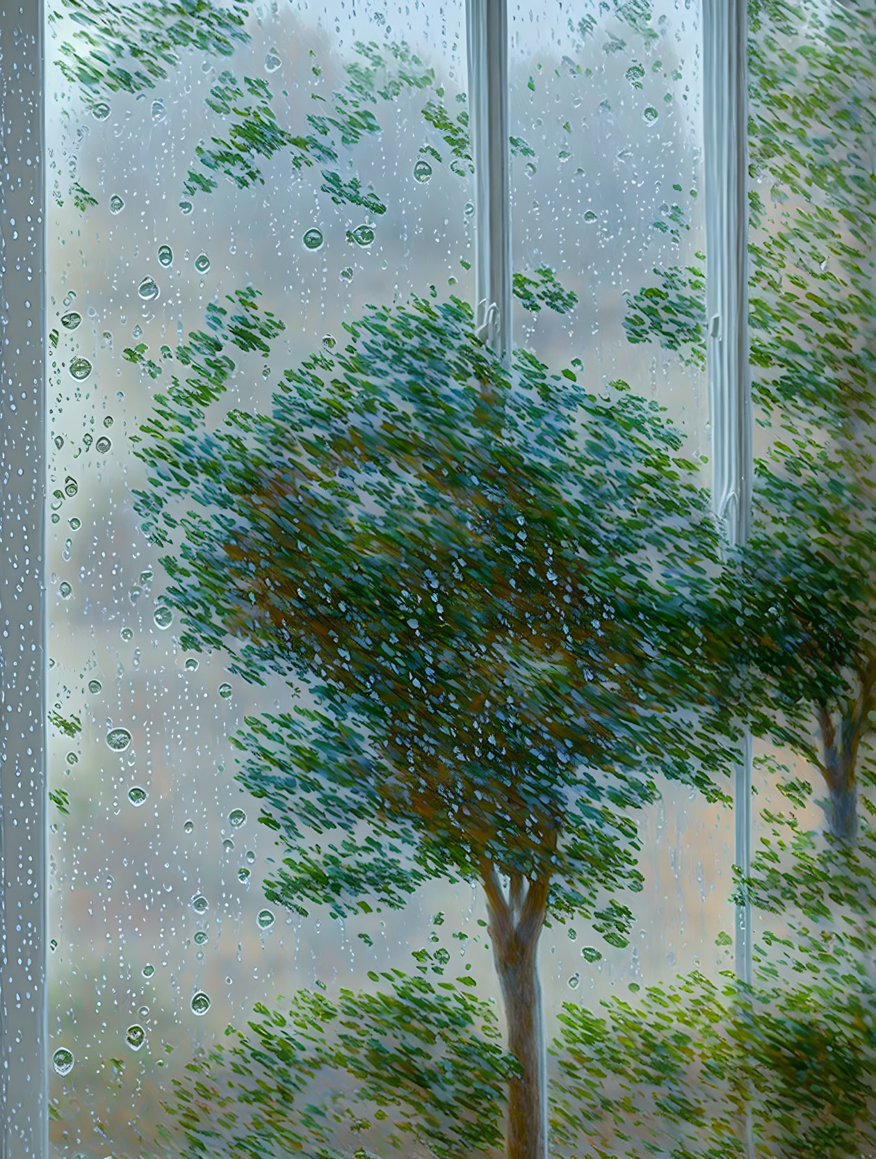 Rainy day view through window with scattered water droplets and blurred trees.