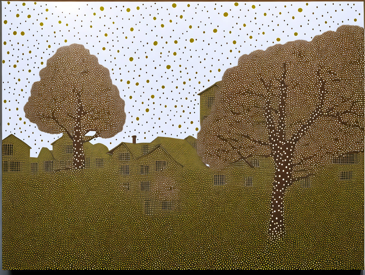 Stylized pointillism landscape with trees, houses, and dotted background