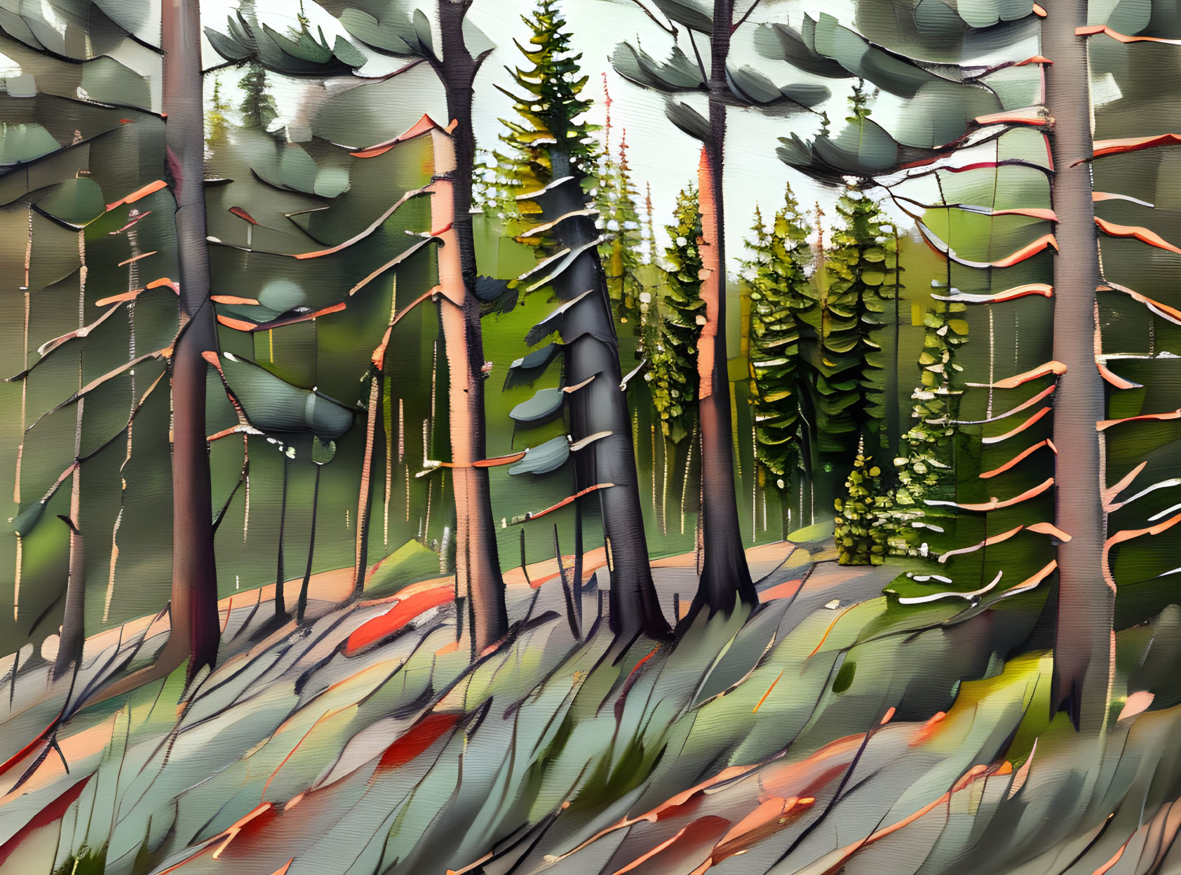 Dynamic Brush Strokes in Pine Forest Painting