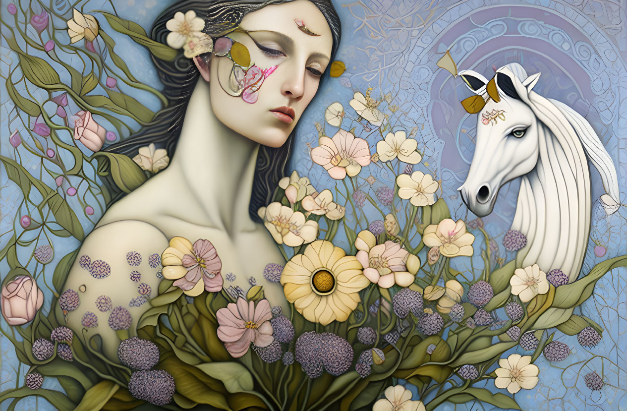 Woman with floral unicorn in decorative backdrop illustration