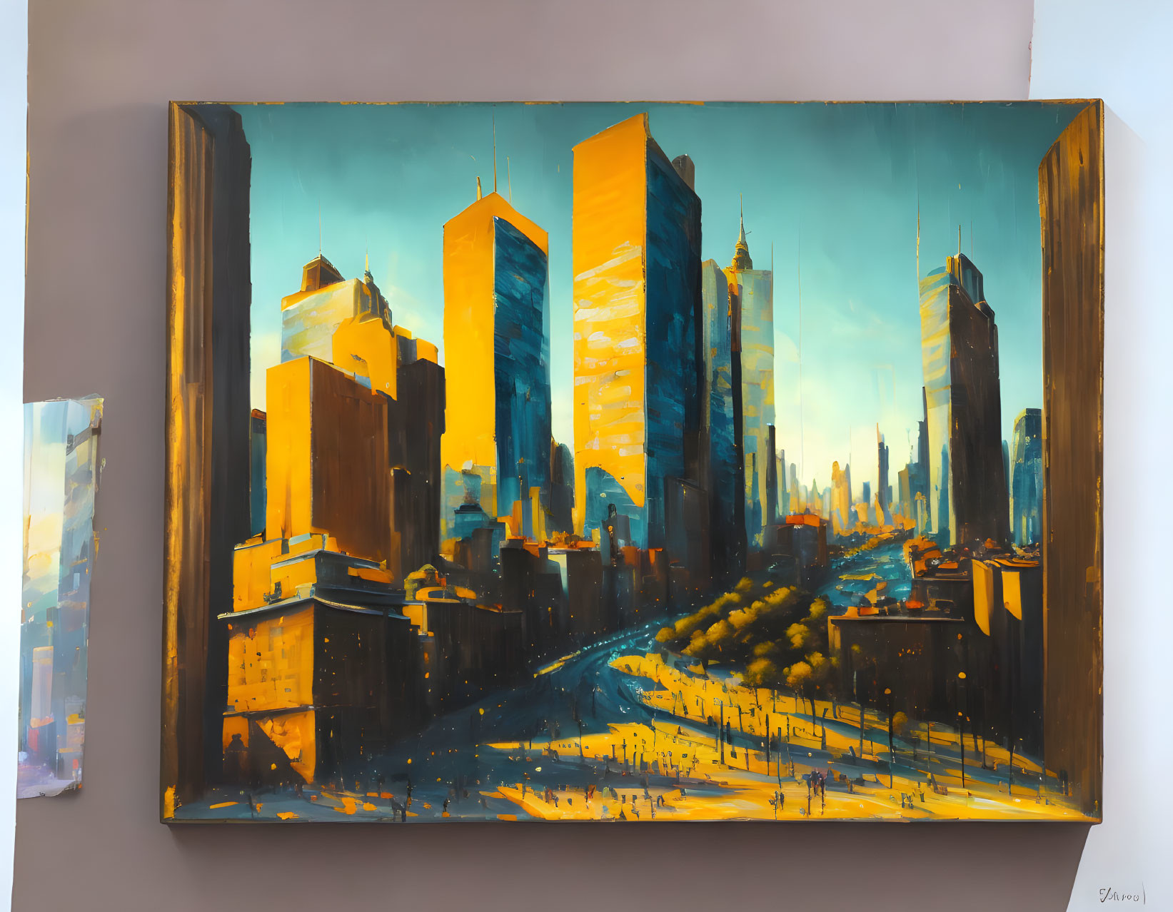 Cityscape Painting with Exaggerated Perspectives and Warm Tones