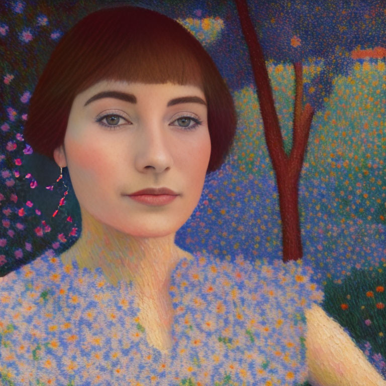 Woman with Bob Haircut in Pointillist Floral Background