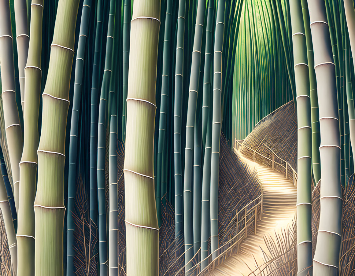 Tranquil bamboo forest with meandering pathway