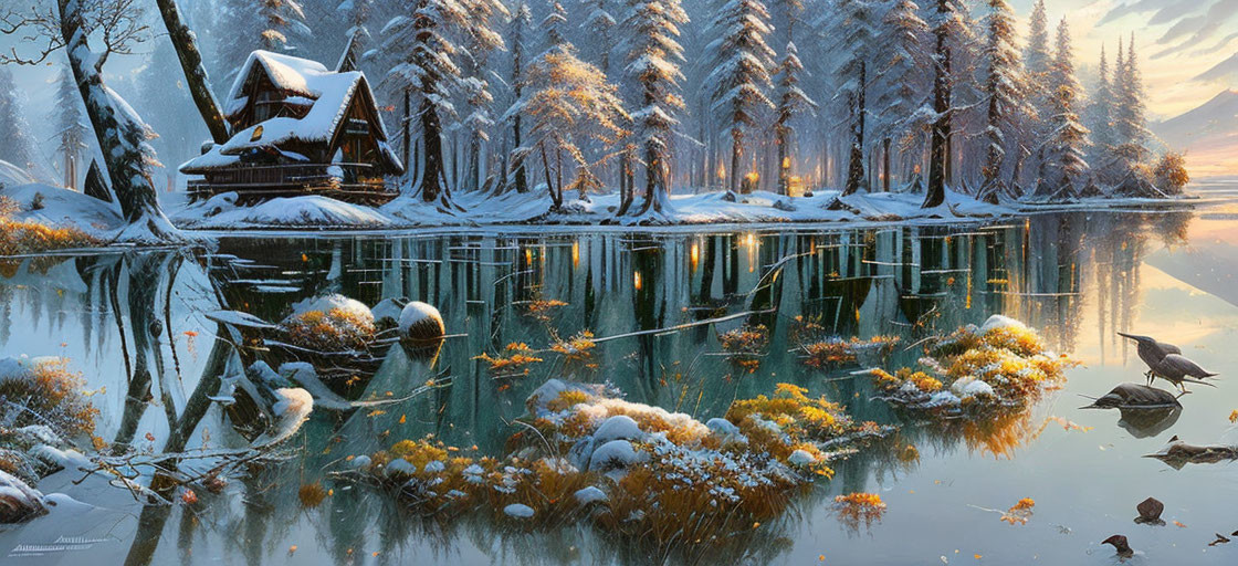 Snow-covered cabin by reflective lake in tranquil winter scene