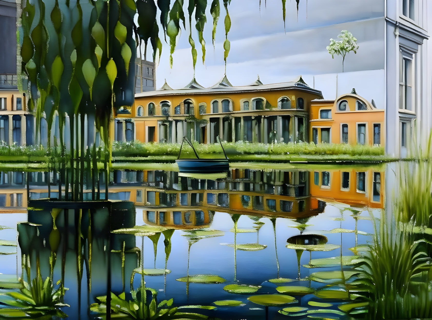 Tranquil painting of yellow building by lake with boat and willow leaves