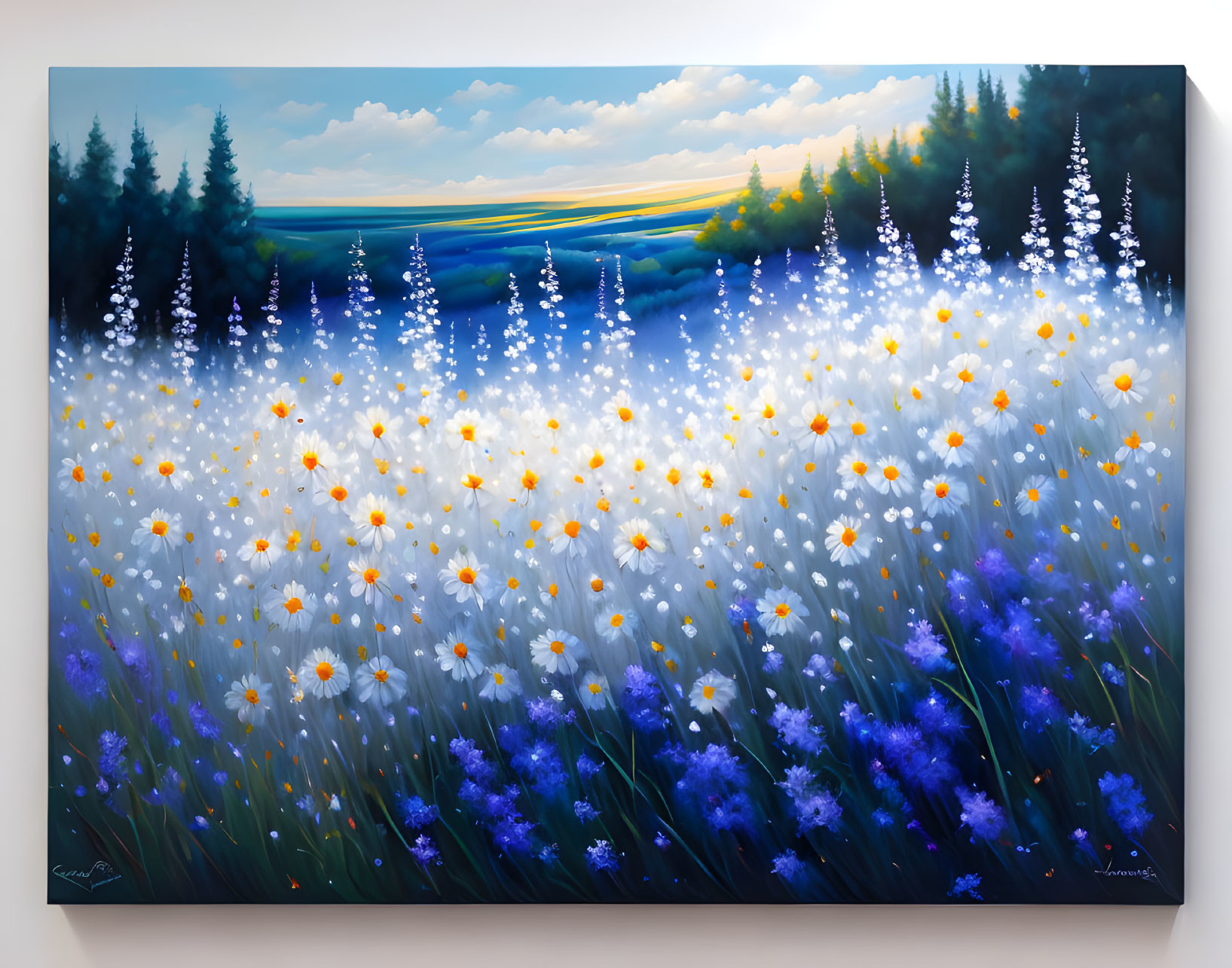 Colorful painting of luminous field with flowers, trees, and blue sky