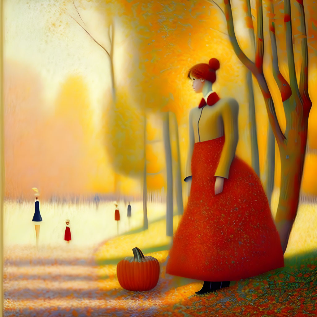 Whimsical autumn scene with stylized woman in red-orange dress near pumpkin