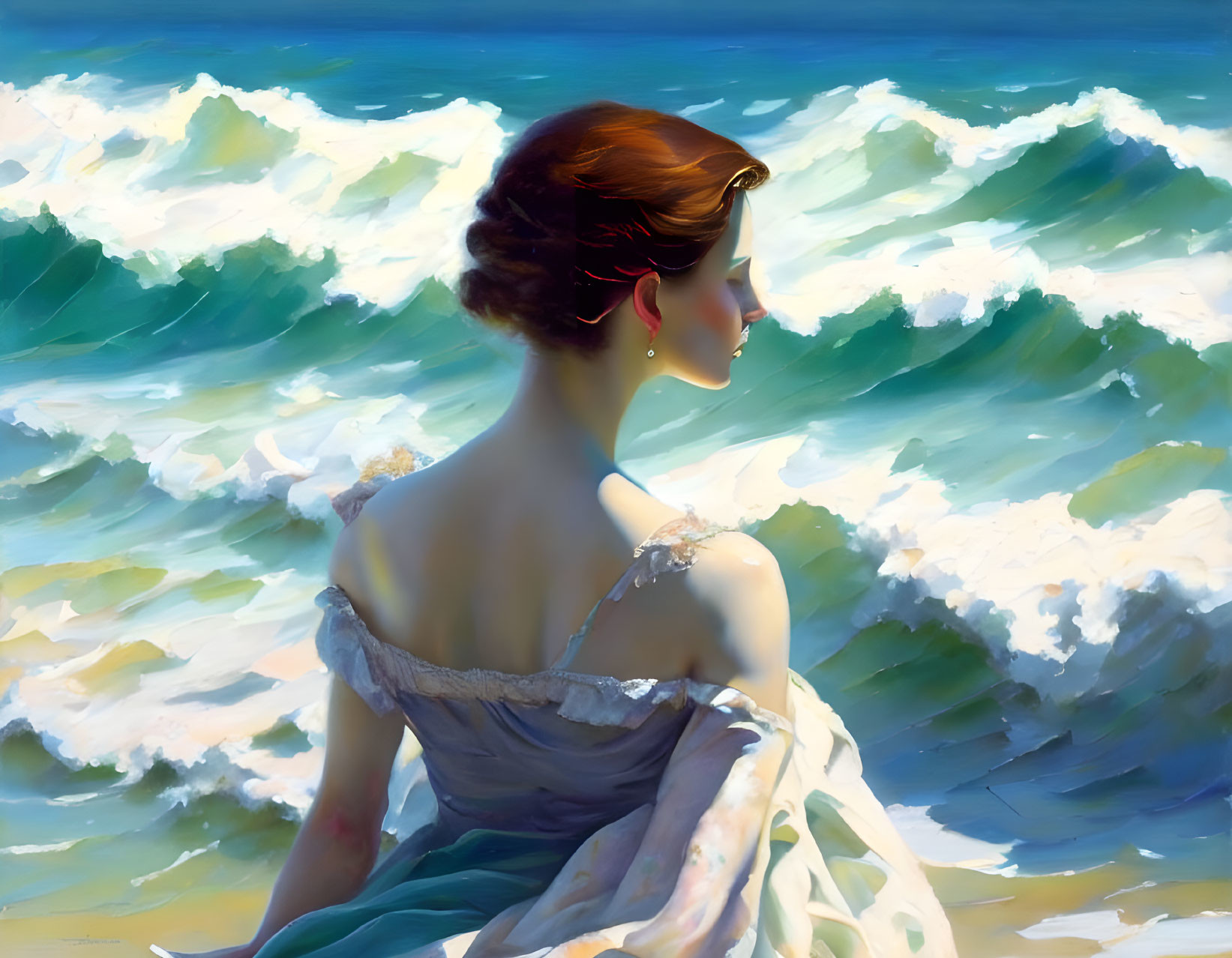 Vintage-dressed woman admires sea with foamy waves under blue sky