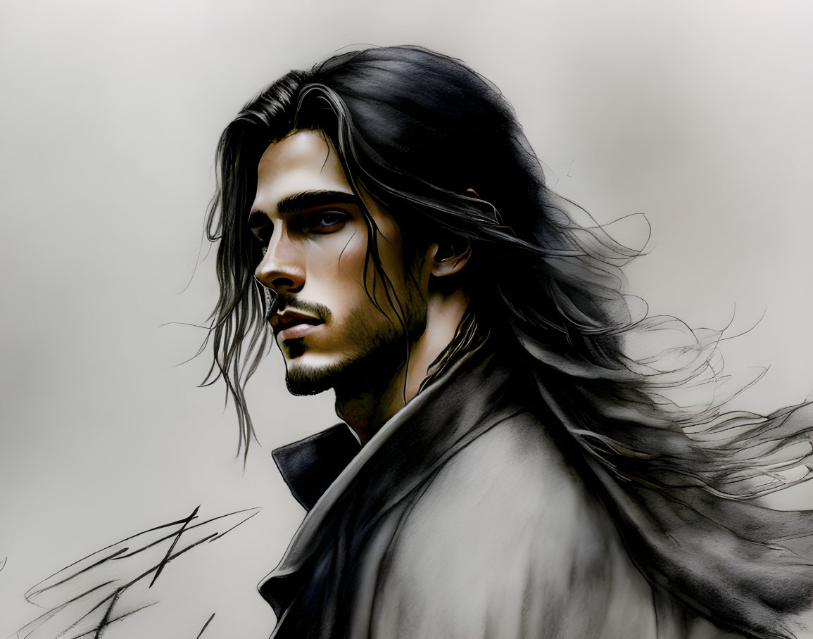 Brooding man with long black hair and cloak in dark attire.