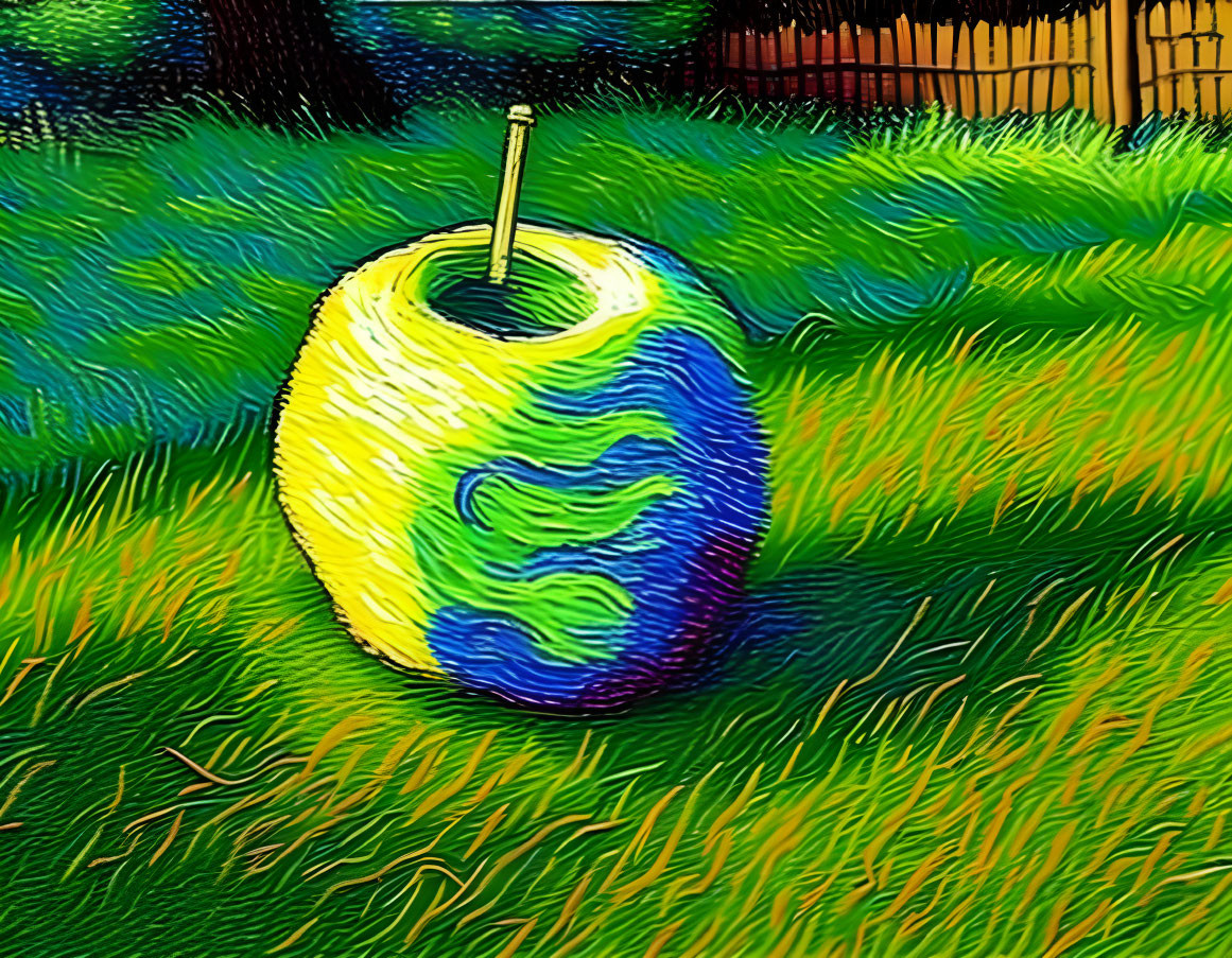 Vibrant apple with straw on lush green grass, inspired by expressive brushwork.