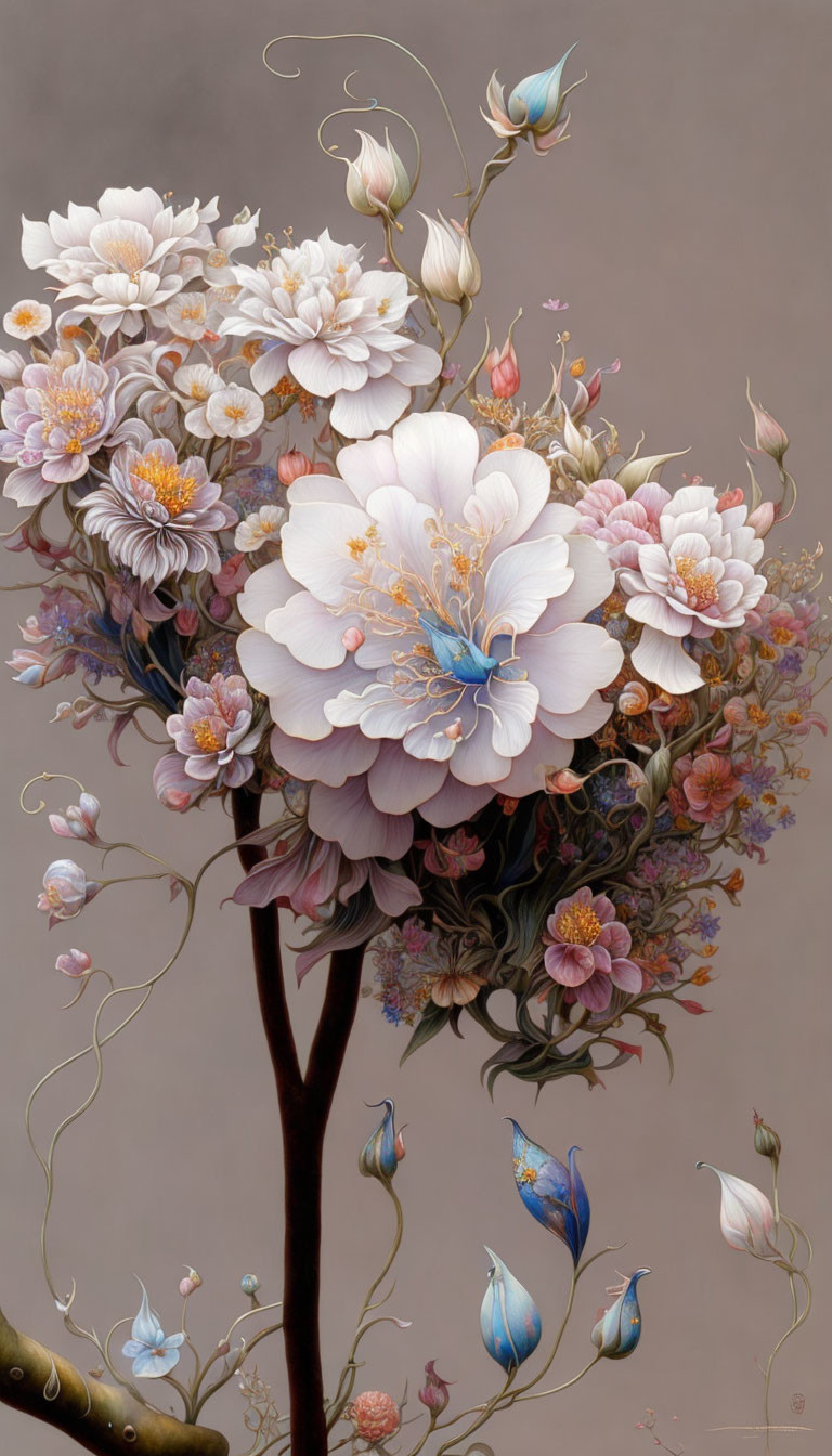 Detailed Painting: Elegant White, Pink, and Blue Flowers on Dark Stem