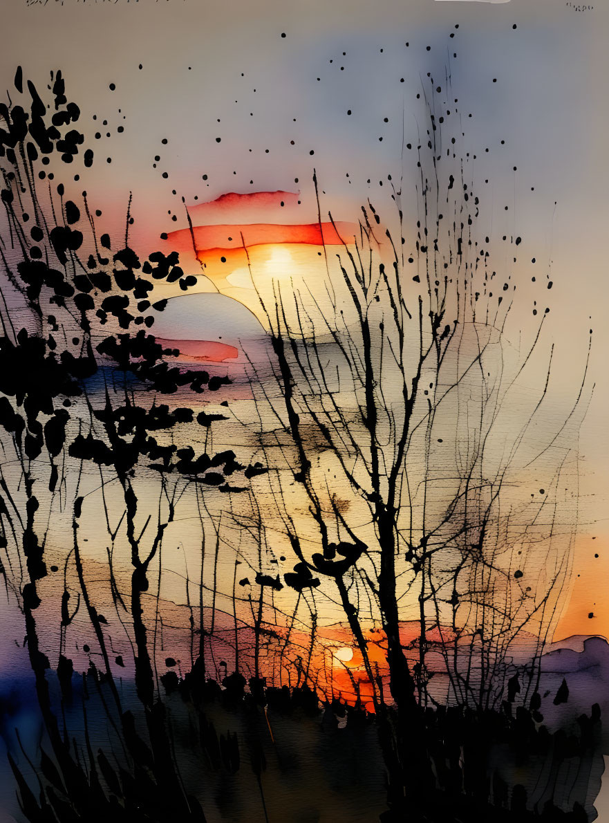 Sunset watercolor painting: trees and plants silhouettes against warm orange and cool blue sky.