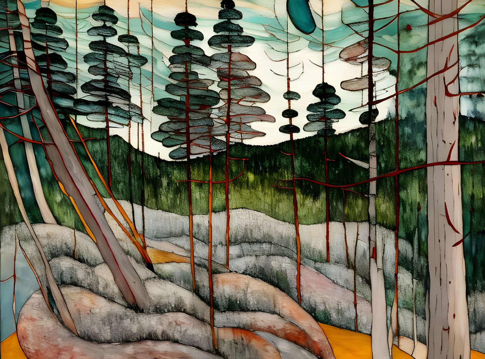 Abstract forest painting with elongated trees and dreamlike aesthetic