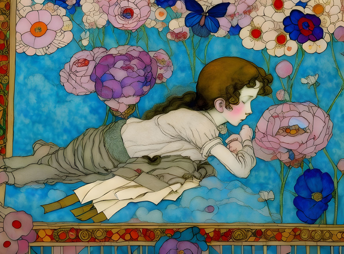 Colorful Art Nouveau Style Girl Amidst Flowers and Butterflies in Stained Glass Effect