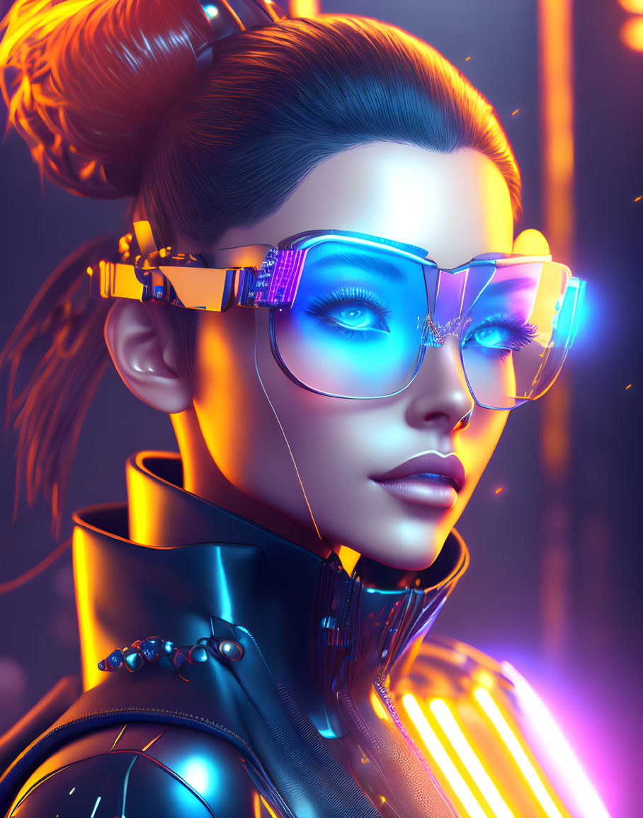 Digital Artwork: Woman with Blue Eyes in Futuristic Glasses & Black Outfit on Neon Background