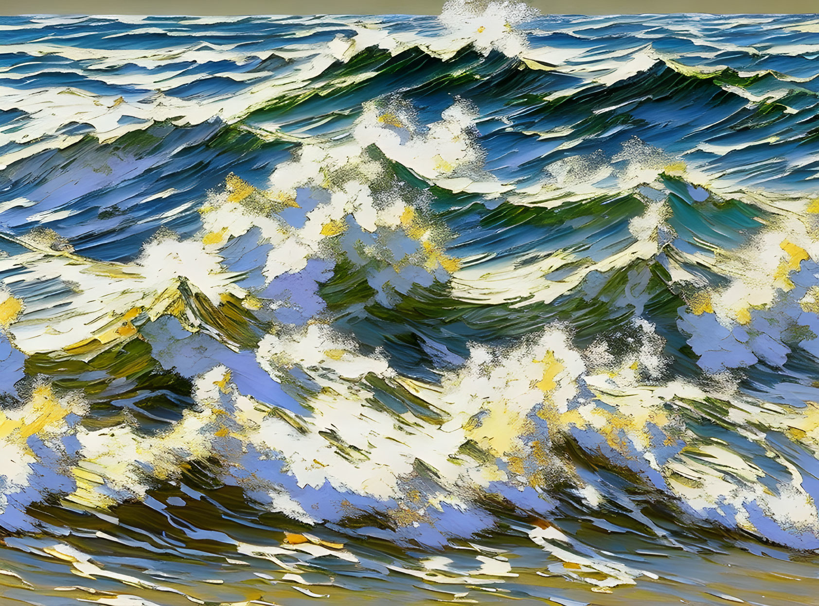 Ocean Waves Painting in Blue and Golden Hues