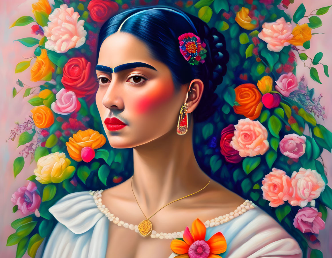 Portrait of Woman with Dark Hair, Floral Hairpiece, Traditional Attire, and Colorful Roses on