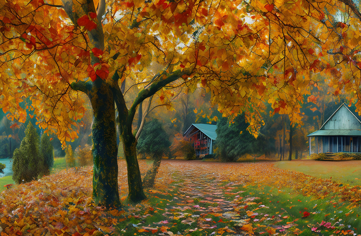 Tranquil autumn landscape with colorful leaves, cobblestone path, cabin near lake