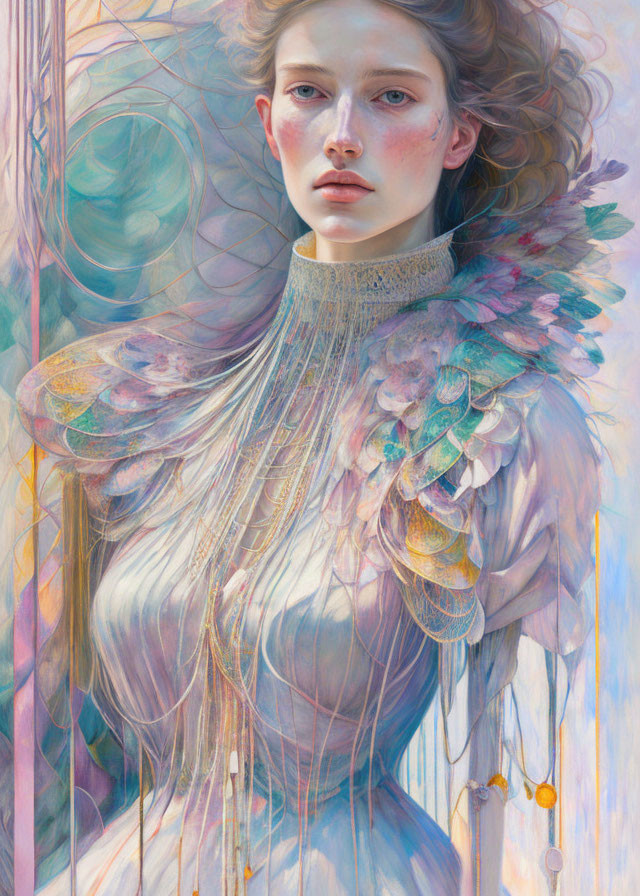 Iridescent feather-like attire on woman against pastel backdrop