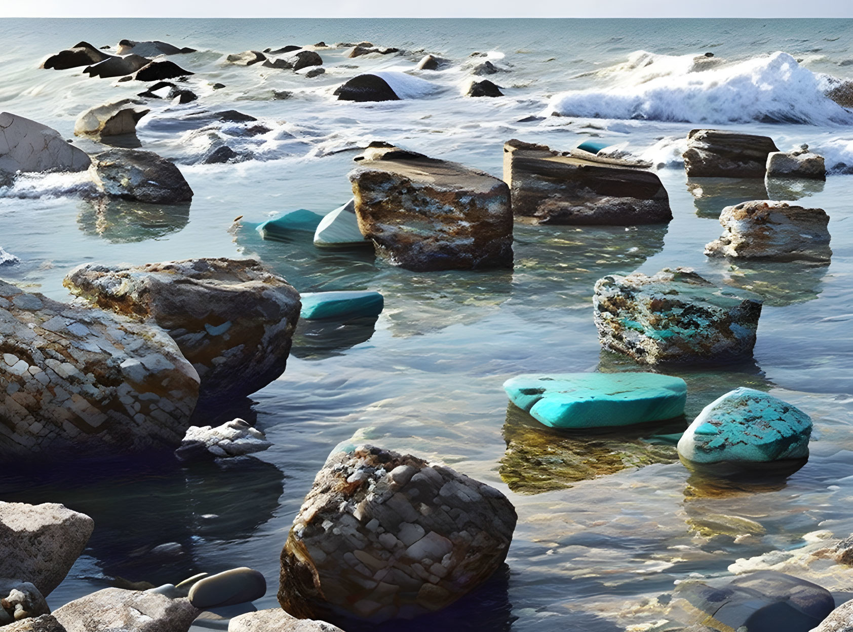 Tranquil Coastal Scene with Turquoise Waves and Rocky Outcrops