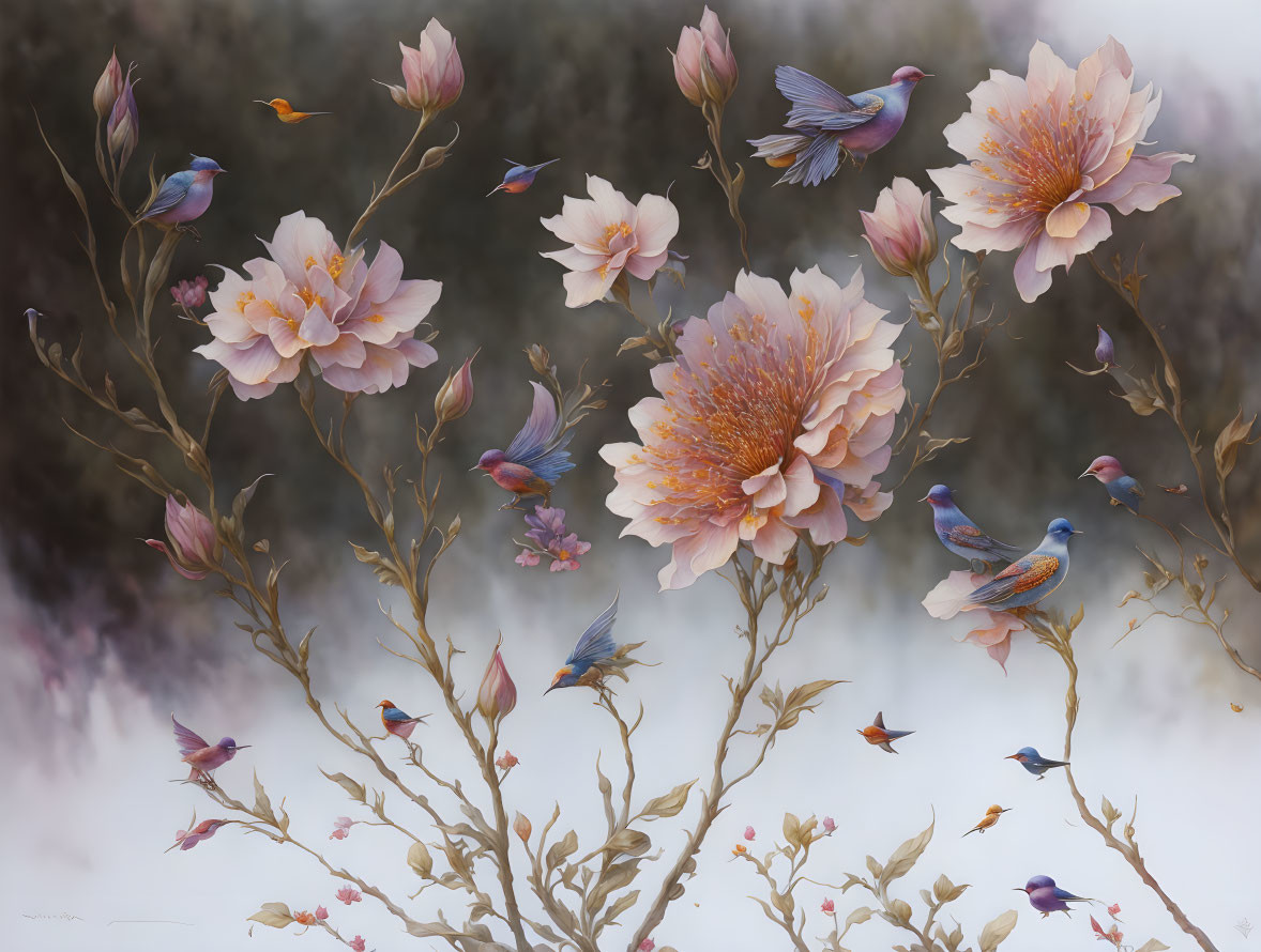 Delicate pink flowers with golden centers on intertwined branches, surrounded by small, colorful birds in a mist