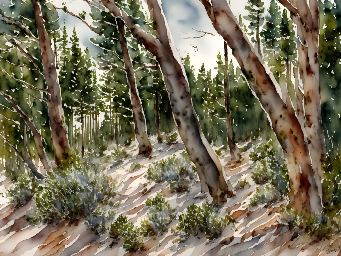 Forest Scene Watercolor Painting with Angled Pine Trees and Snow-Dotted Ground