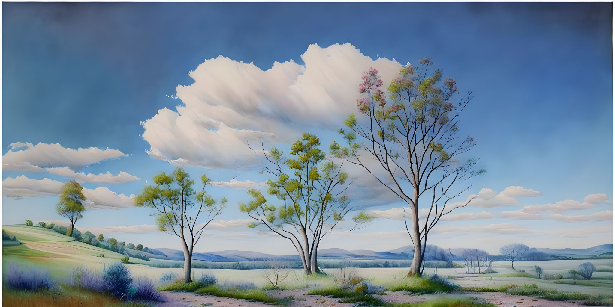 Tranquil landscape with vibrant trees, vast sky, fluffy clouds, and rolling hills.