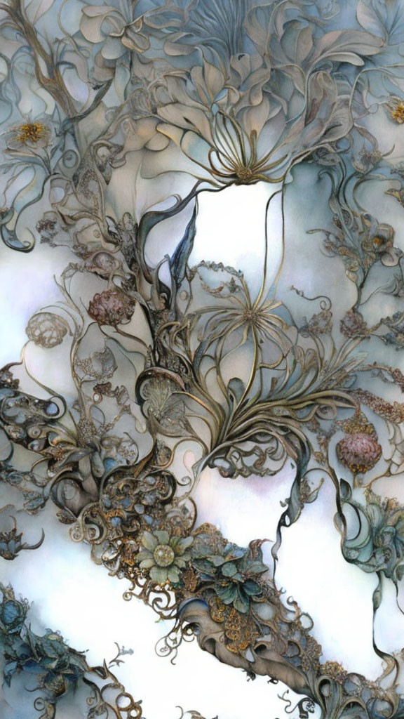 Detailed Floral Fantasy Illustration in Muted Blues, Browns, and Grays