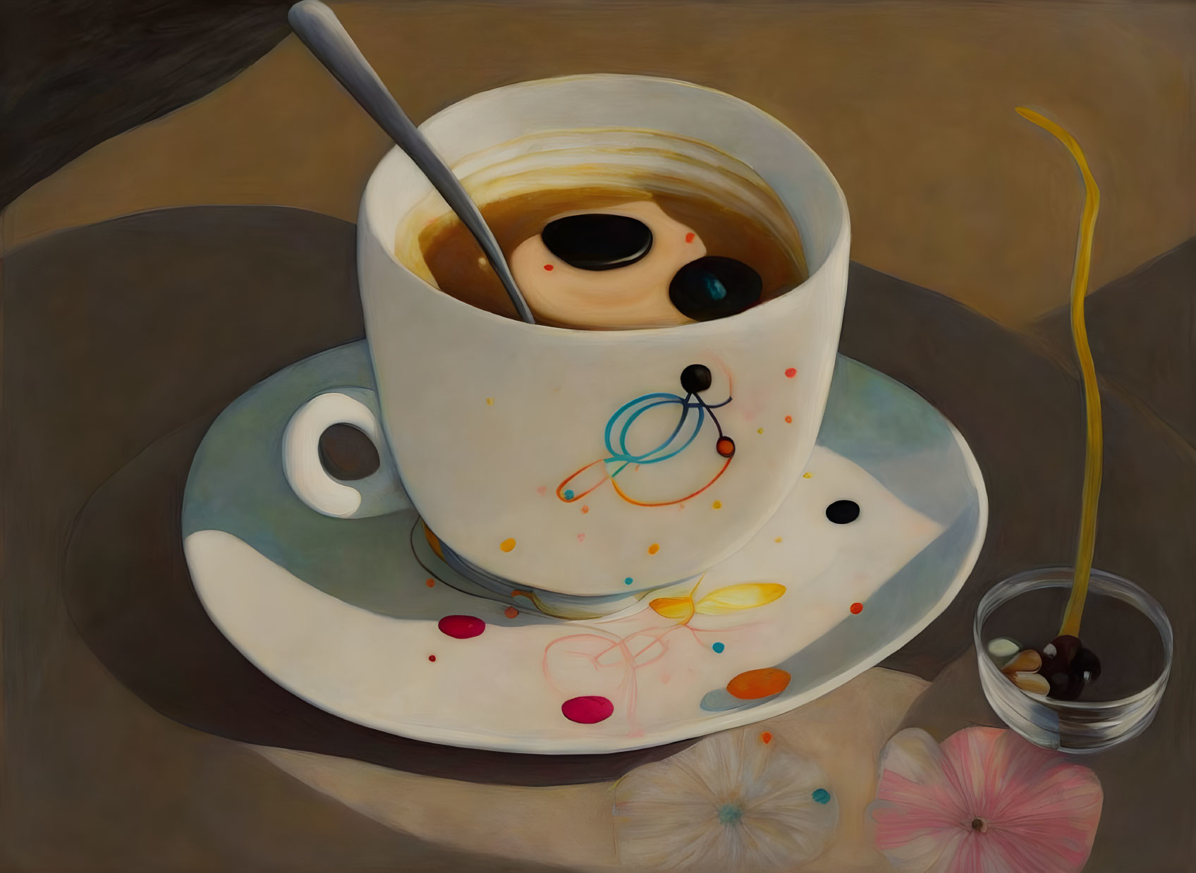 Surreal painting: coffee cup with galaxy motif, spoon, atomic orbitals, pills, flower