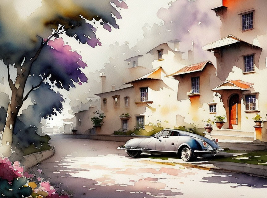 Vintage Car Watercolor Painting on Peaceful Street with Houses, Trees, and Flowers