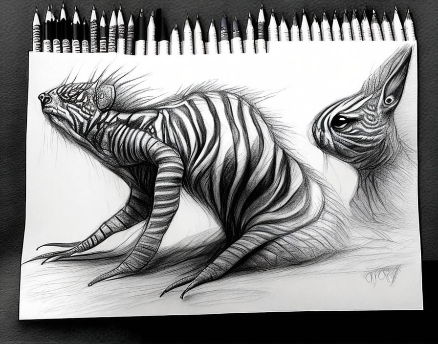 Surreal creature with zebra stripes and elongated limbs beside a sketched head