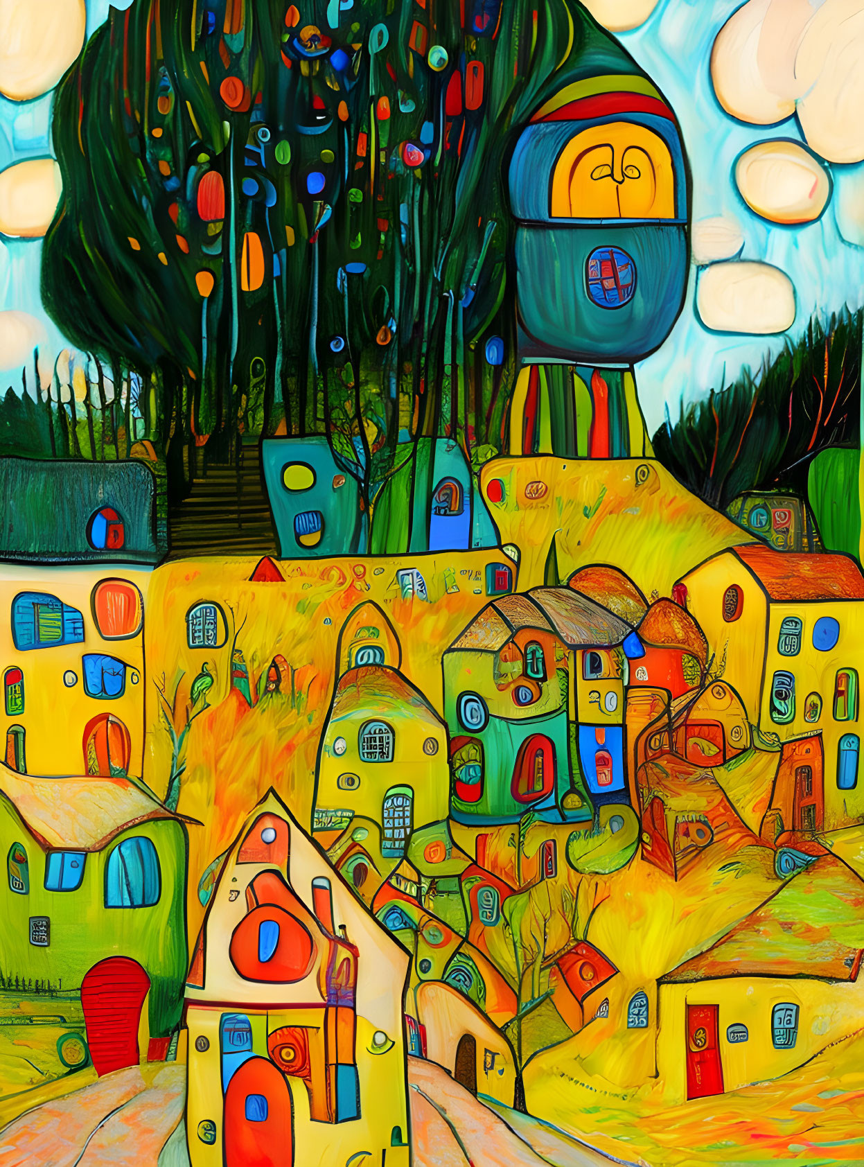 Colorful Surreal Landscape with Stylized Trees and Abstract Figures